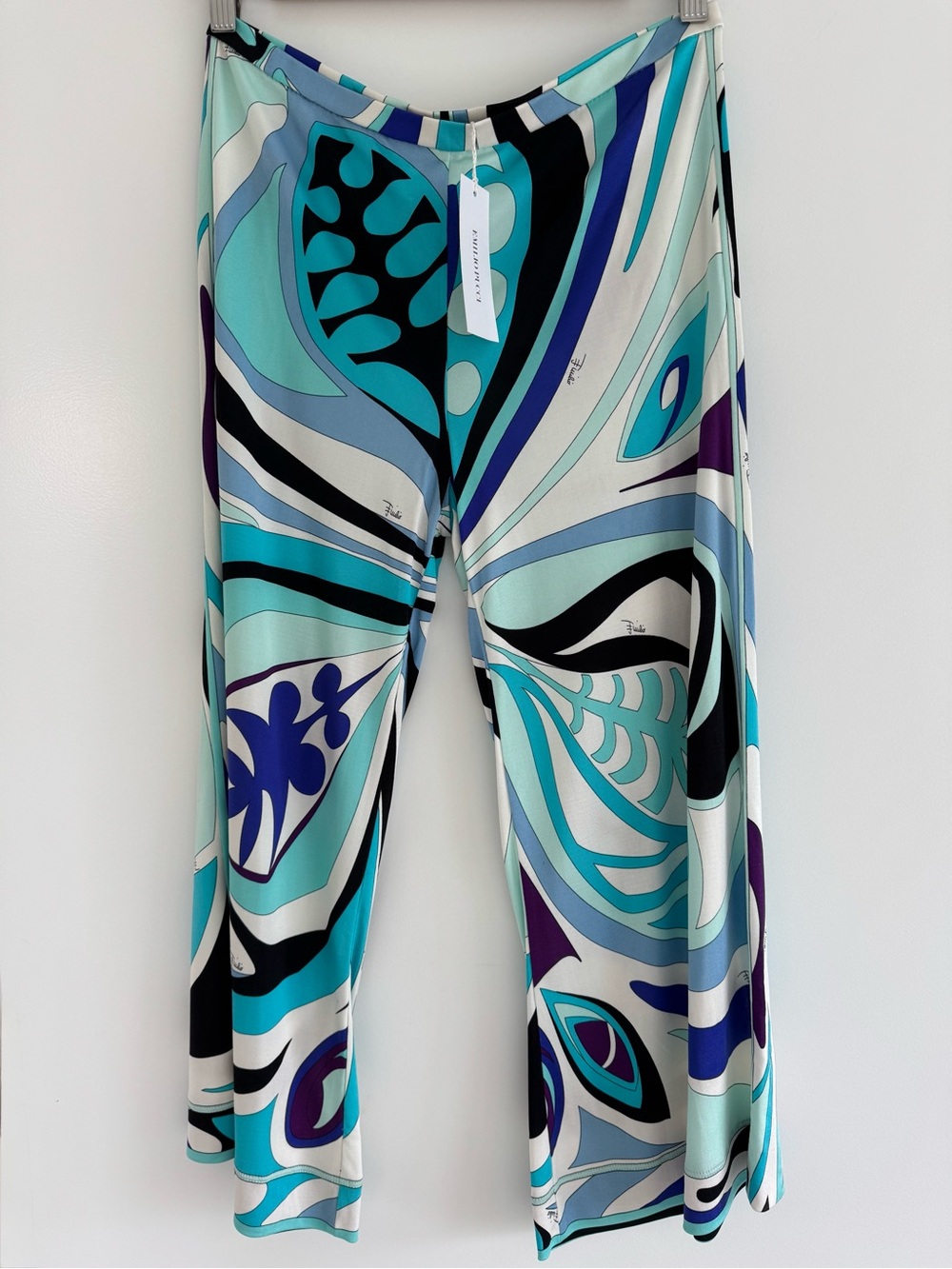 NWT Emilio Pucci Aqua & Teal Silk Abstract Print Wide-Leg Crop Pants